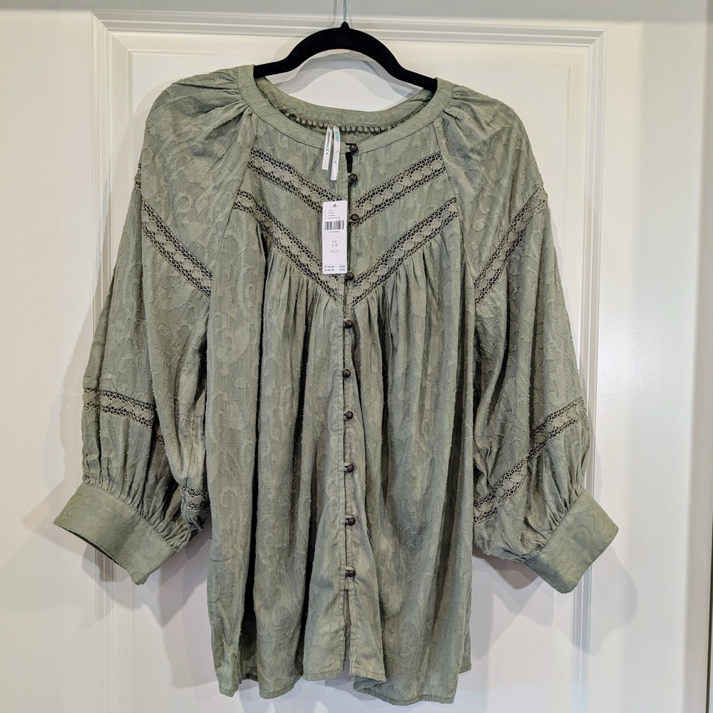 NWT Anthropologie Sage Green Blouse with Button Detail Size XL